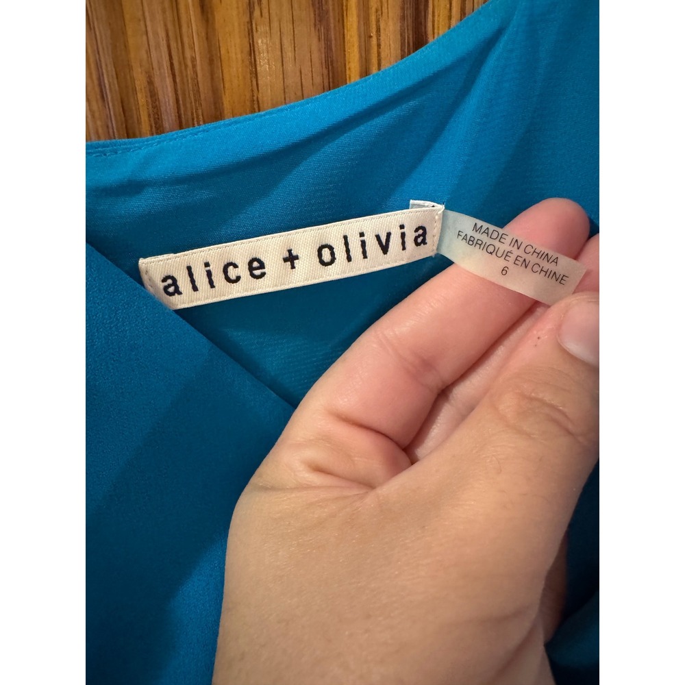 Alice + Olivia Teal Asymmetrical Midi Dress Size 6 Spaghetti Strap Fit Flare - Picture 3 of 10